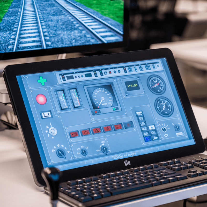Virtual instrumentation touchscreen of the Nano Simulator used by Vy in Norway, displaying train driving controls and indicators.