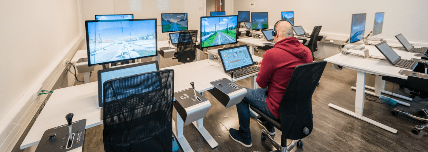 Training room with 20 Nano Simulators for ETCS driver training at Vy, Norway.